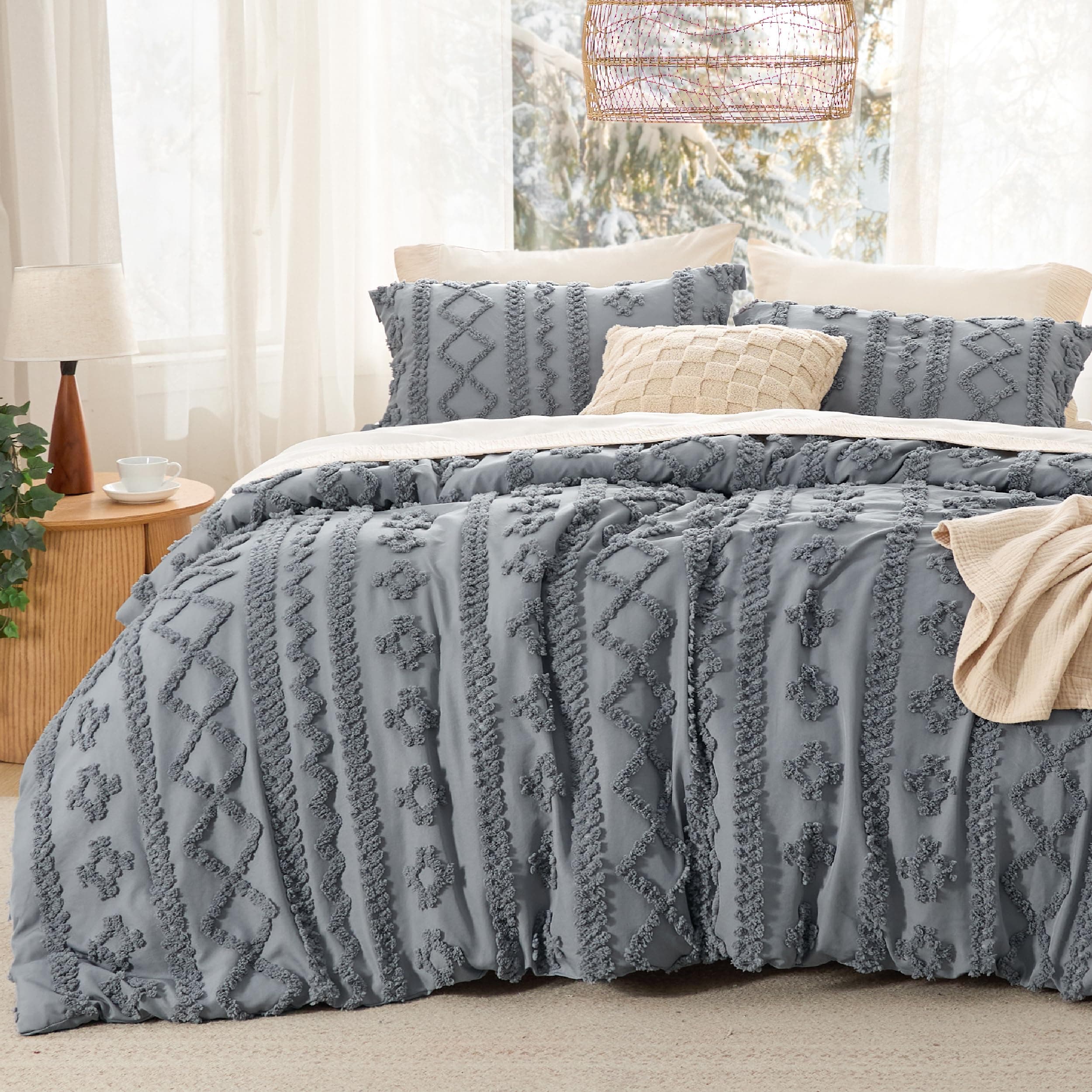 Bedsure Tufted Boho Comforter Set King - Grey Boho Bedding Comforter Set, 3 Pieces Farmhouse Shabby Chic Embroidery Bed Set, Gifts for Woman, Soft Jacquard Comforter for All Seasons