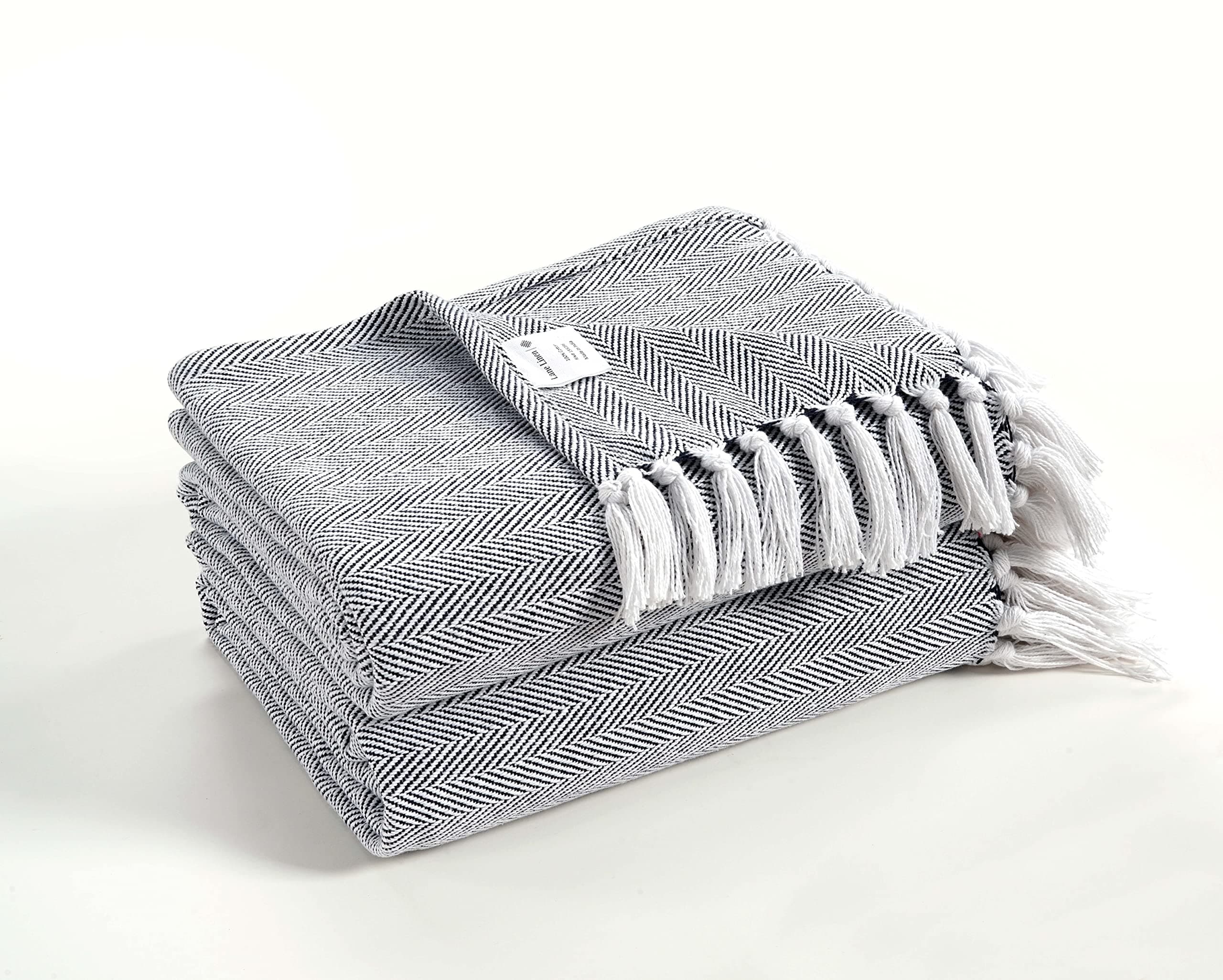 LANE LINEN 100% Cotton 2 Pack Throw Blanket for Couch & Bed - Classic Herringbone Weave with Tassel Durable Cozy Warm – 50”x70” Grey