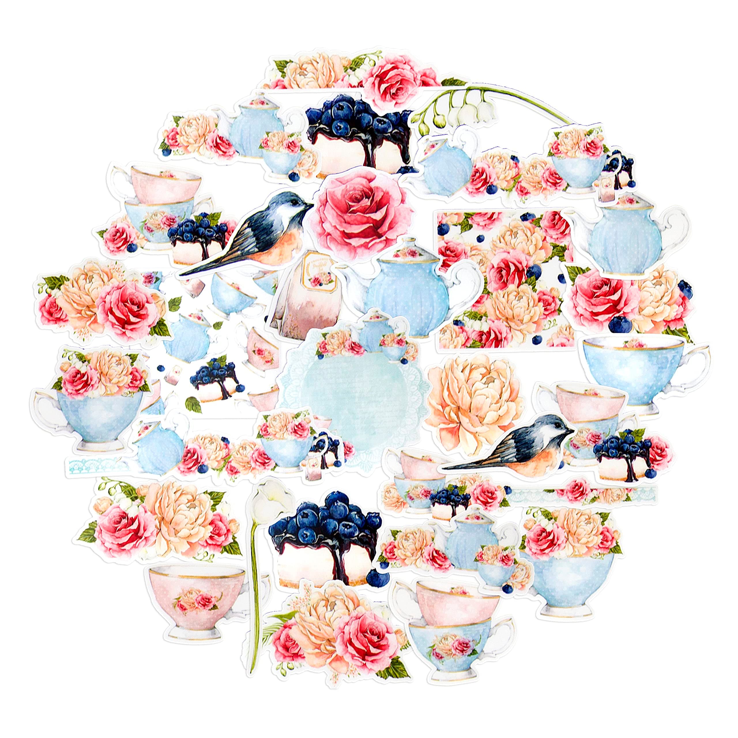 Navy PeonyClassy Tea Party Stickers and Decals (31 Pieces) | Blue Food and Flower Stickers for Water Bottles | Cute Stickers for Scrapbooks and Journals | Waterproof Stickers for Laptops