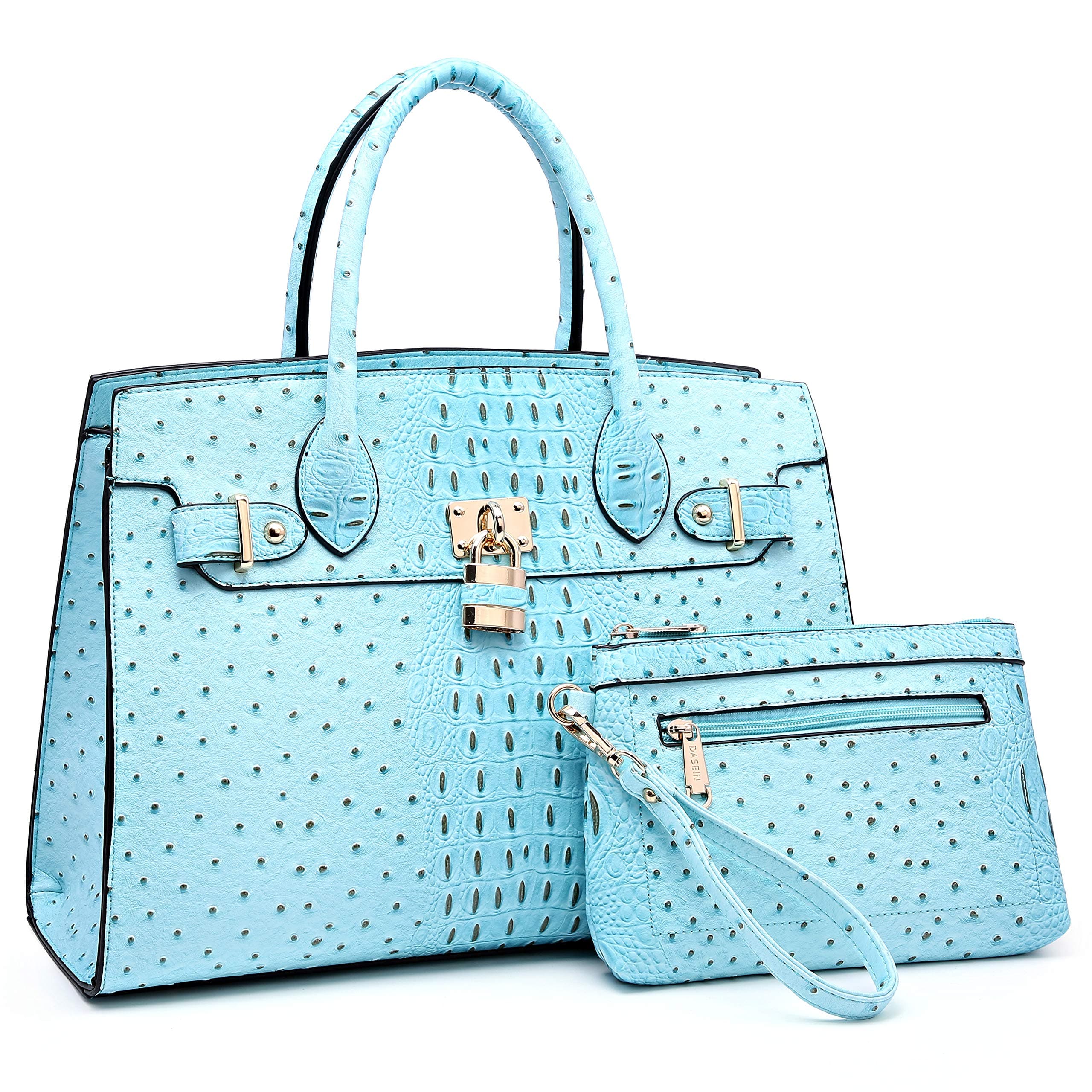 Women Ostrich Purses and Handbags Ladies Tote Shoulder Bags Top handle Satchel with Pouch 2pcs (Turquoise)