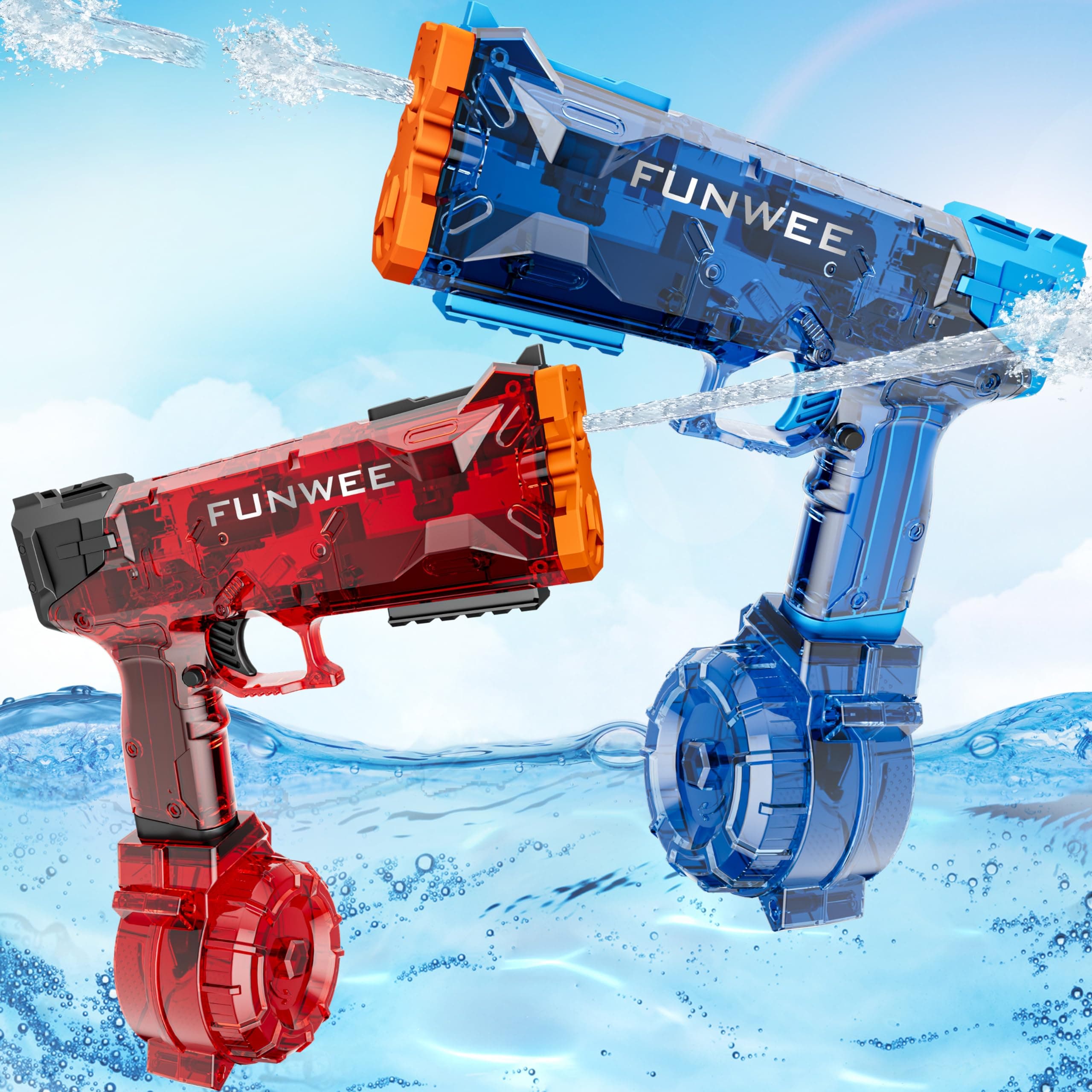 Funwee 2 Pack Electric Water Guns for Kids, Powered Automatic Electric Squirt Gun High Capacity Water Pistol, 400+ Water Blasts, 28-32 FT Long Range Blaster Soaker, Summer Outdoor Pool Auto Water Toy