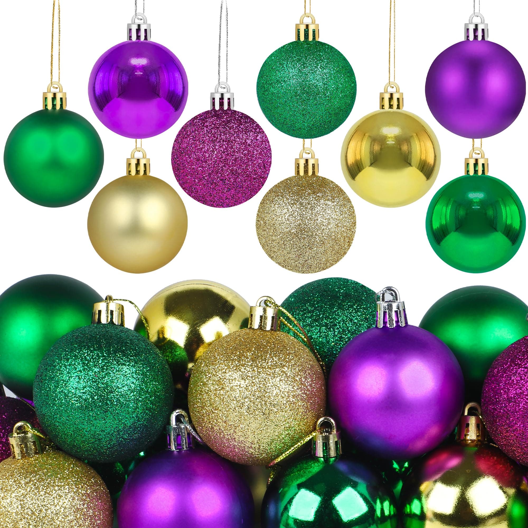 24 PCS Mardi Gras Hanging Ball Ornaments 2 Inch Mardi Gras Tree Baubles Hanging Ornaments Plastic Glitter Purple Green Yellow Hanging Balls for Home Mardi Gras Holiday Masquerade Party Decorations