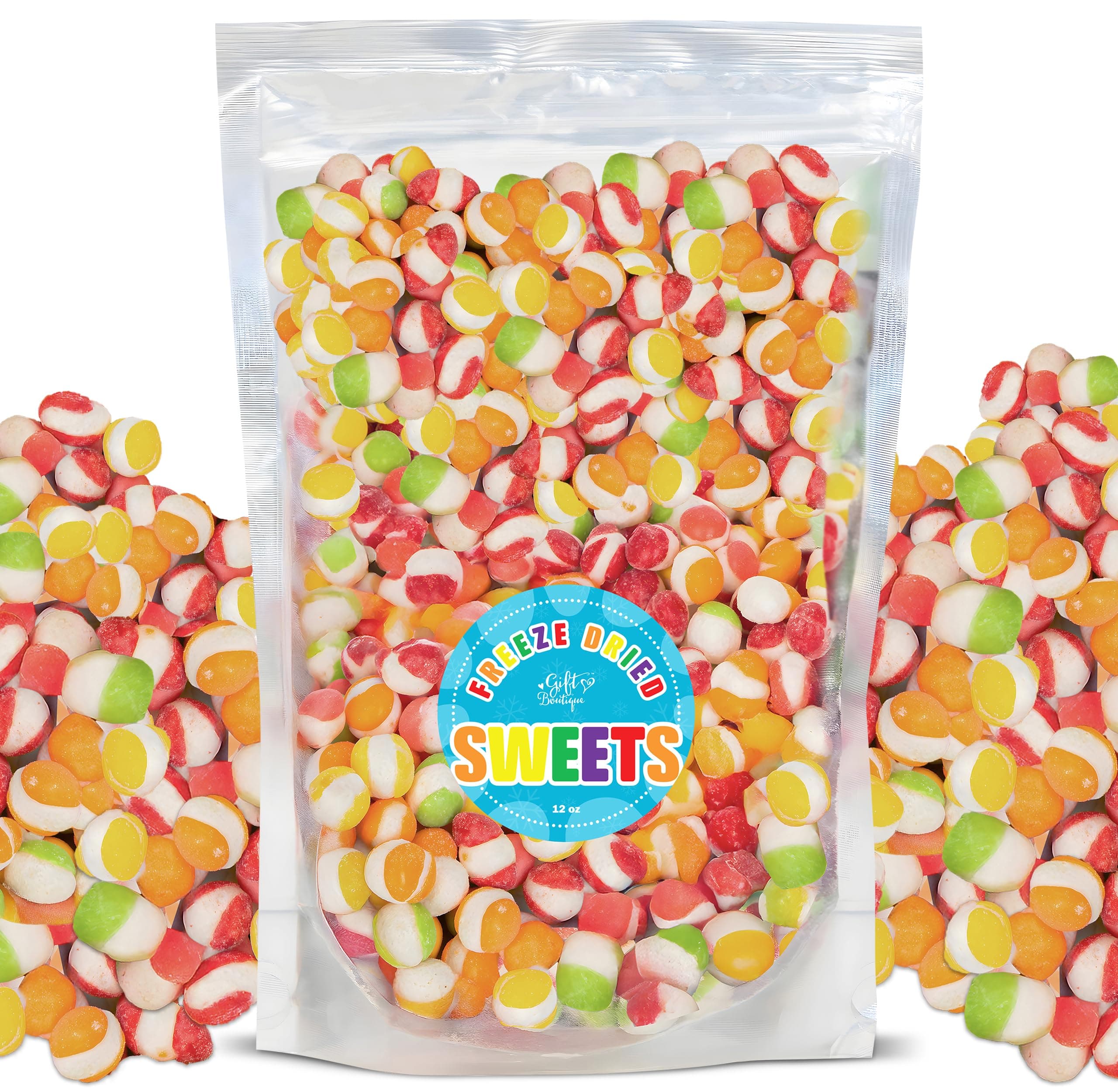 Freeze Dried Candy Gourmet Crunch Candies 12oz Bag Pouch Assorted Cherry Strawberry Lemon Lime Orange Original Rainbow Fruity Flavor Ideal Gift Snack