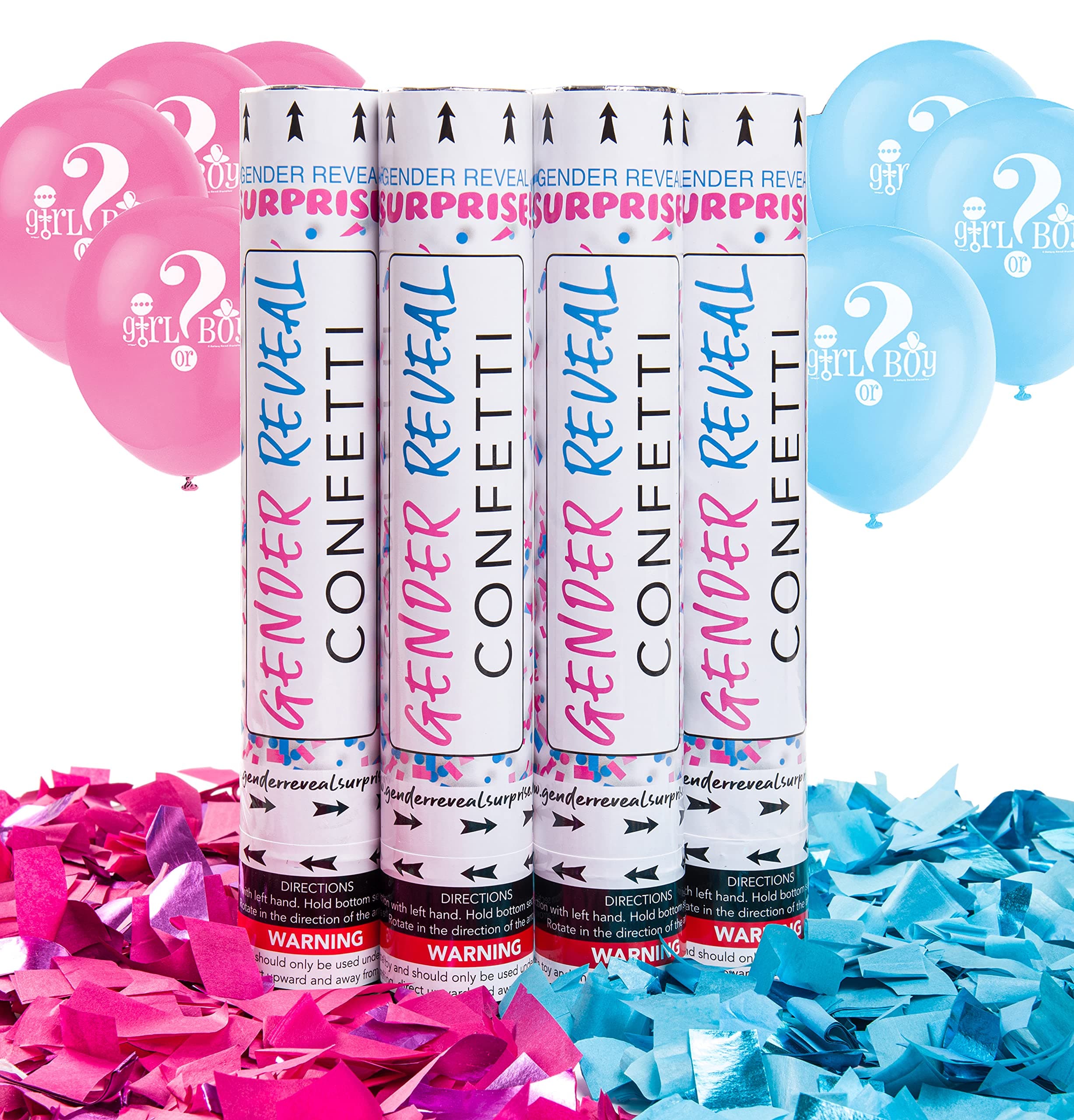 Gender Reveal Surprise! 12" Confetti Cannons Package (2 Pink & 2 Blue)