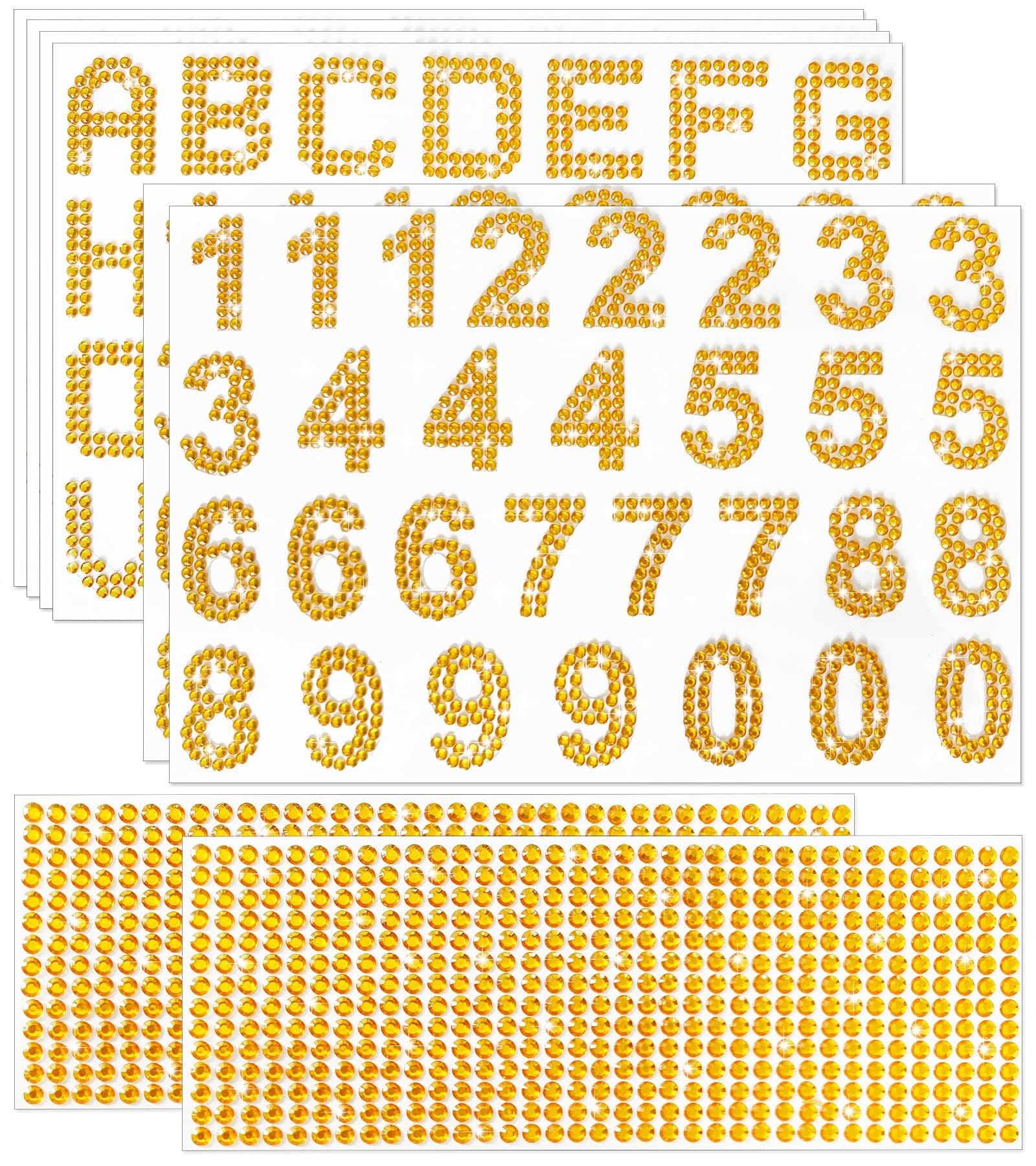 Kenkio 8 Sheets Glitter Rhinestone Alphabet Letter Stickers Number Stickers and Gemstone Border Stickers, Self-Adhesive 26 Letters Bling Crystal Stickers DIY Decoration for Art and Crafts Supplies (Gold)