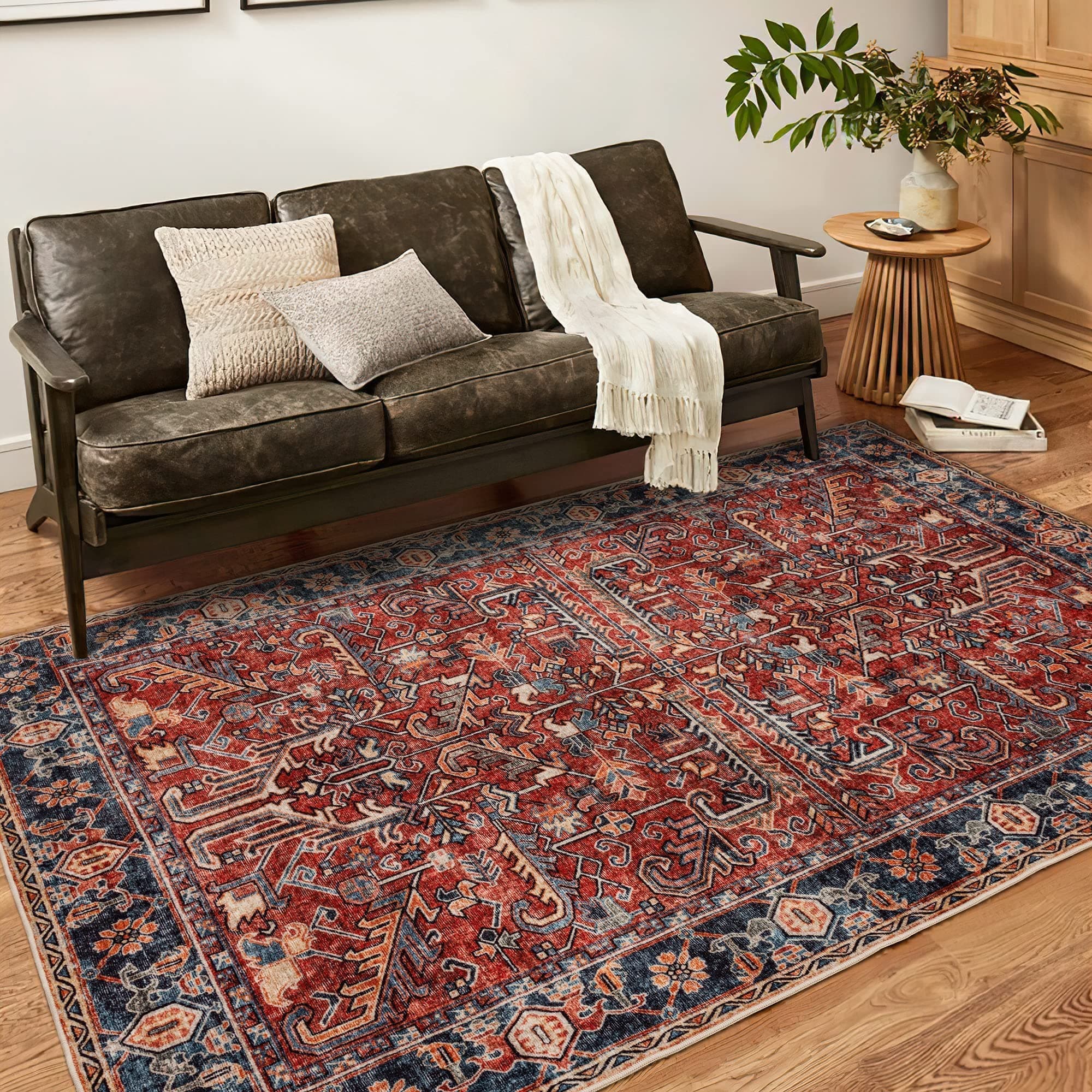 Valenrug washable rug 5x7 - ultra-thin antique collection area rug, stain resistant rugs for living room bedroom, distressed persian boho rug(red, 5'x7')