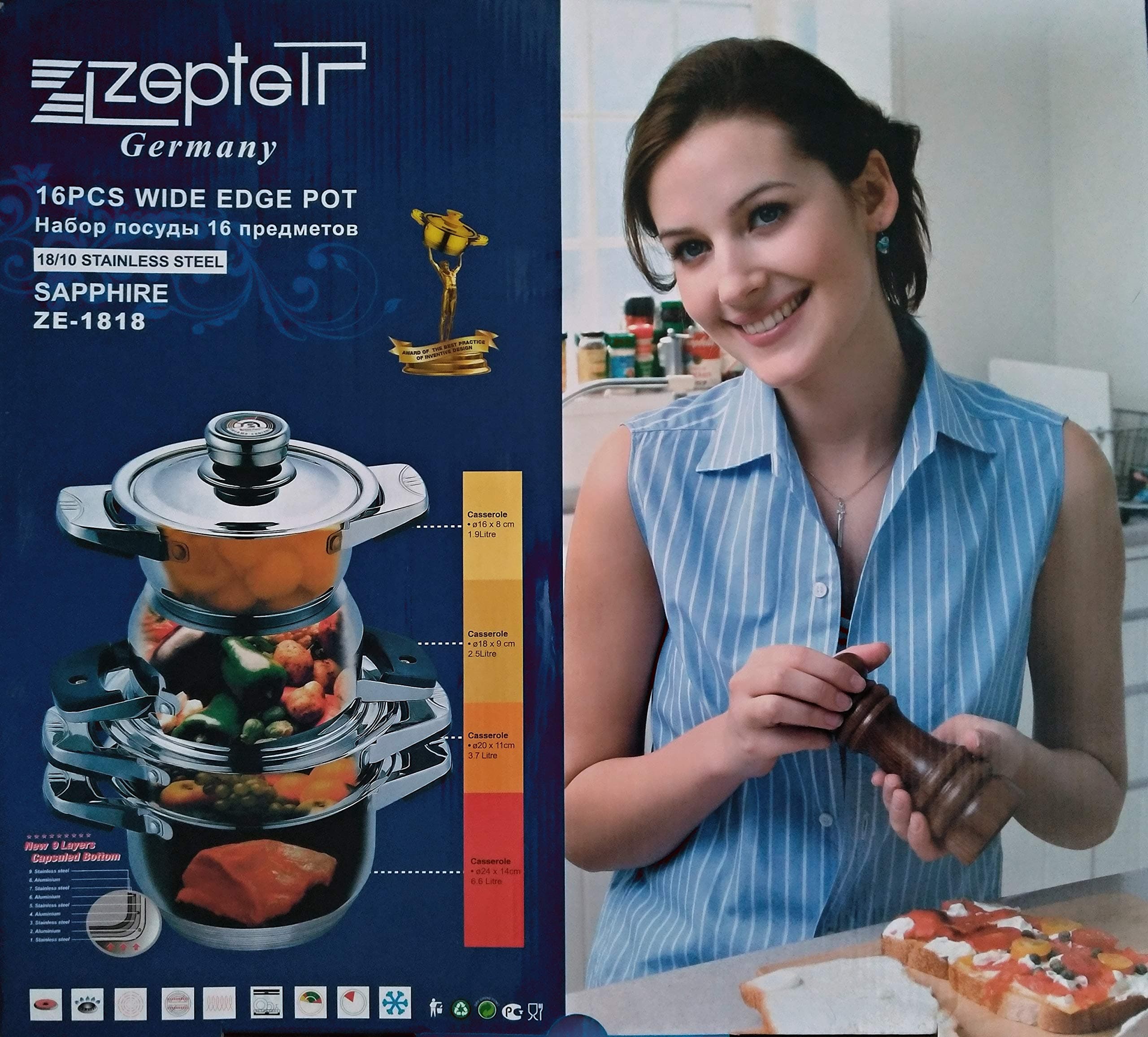 ZEPTER 16 PIECES WIDE EDGE POT, SAPPHIRE ZE-1818, STAINLESS STEEL COOKWARE WITH GUARANTEE CERTIFICATE