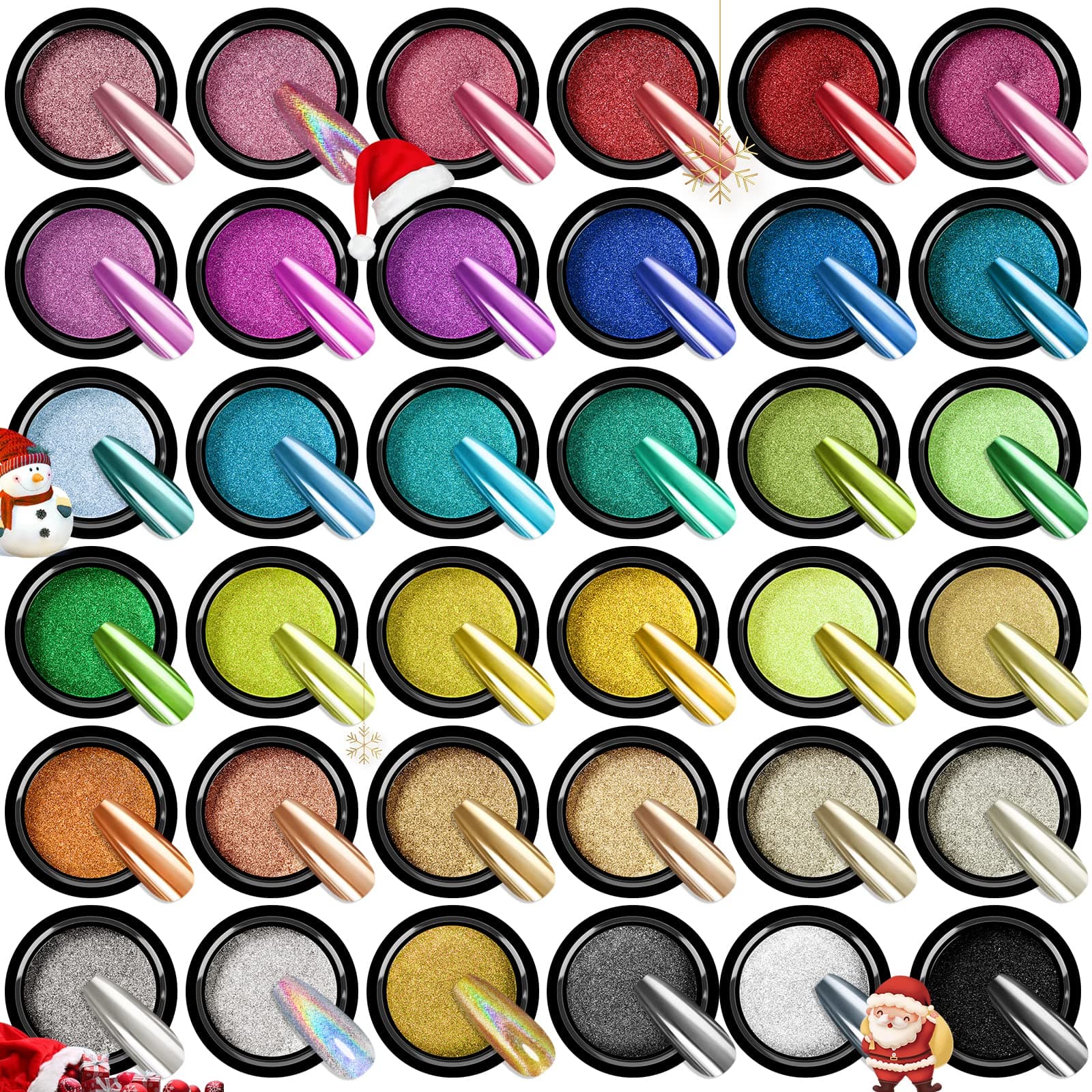 SAVILAND Chrome Nail Powder Set: 36 Colors Chrome Nail Powder Metallic Mirror Effect Holographic Aurora Chameleon Pigment Decoration Supplies Home DIY Nail Art Salon