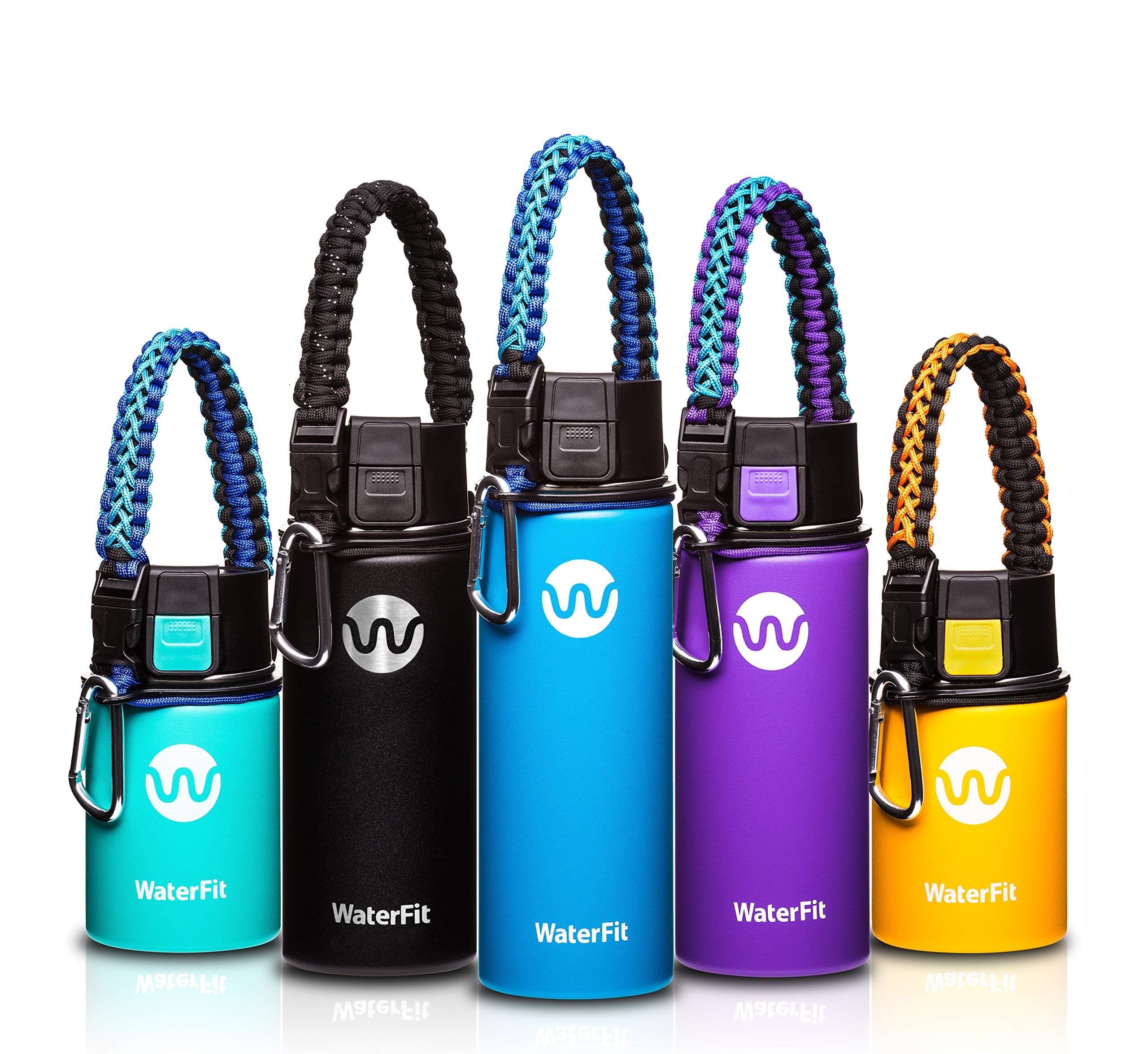 WaterFit Vacuum Insulated Water Bottle - Double Wall Stainless Steel Leak Proof BPA Free Sports Wide Mouth Water Bottle - 12 oz, 16 oz or 20 oz - 5 Colors with Paracord Handle