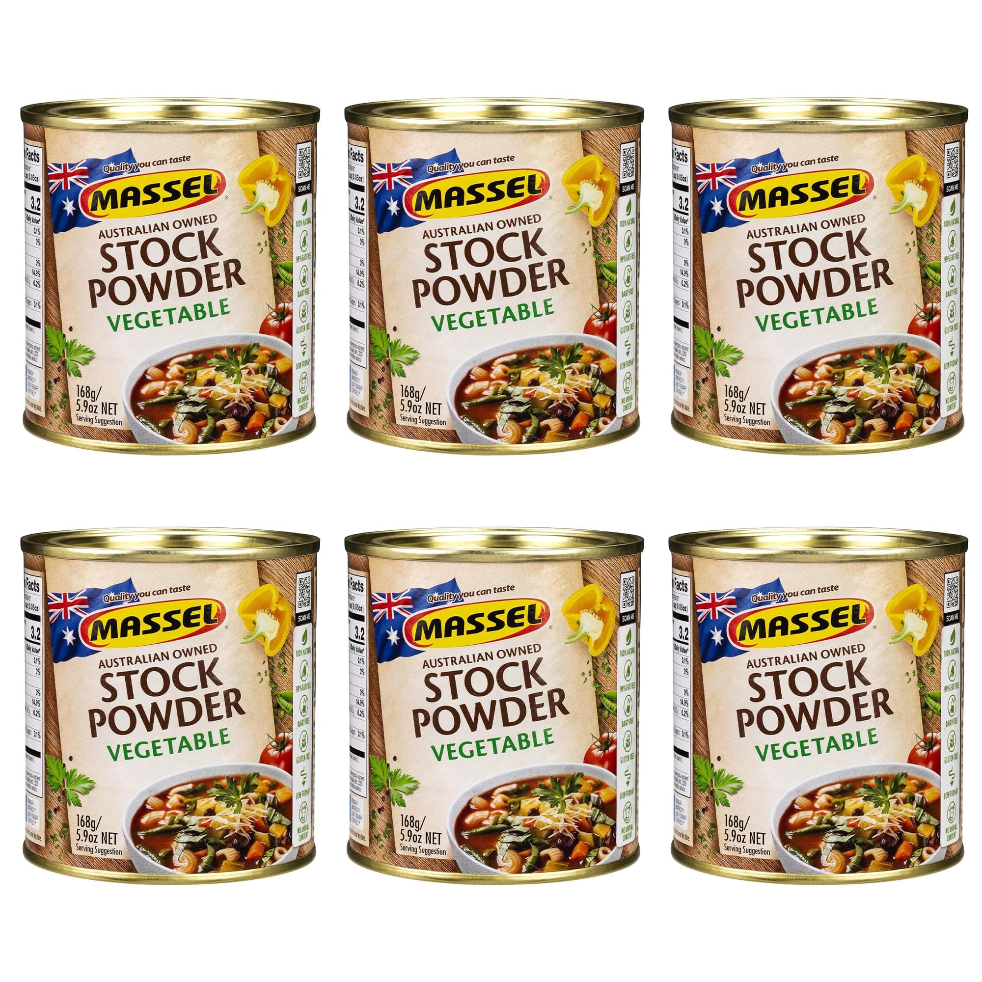 Massel Vegetable Bouillon Powder – Gluten & Dairy Free, Low FODMAP, MSG-free, Non-GMO, Trans Fat Free, No Animal Content – All Natural Soup Base Seasoning for Ramen, Soup & Stew (6 Cans, 168 g)