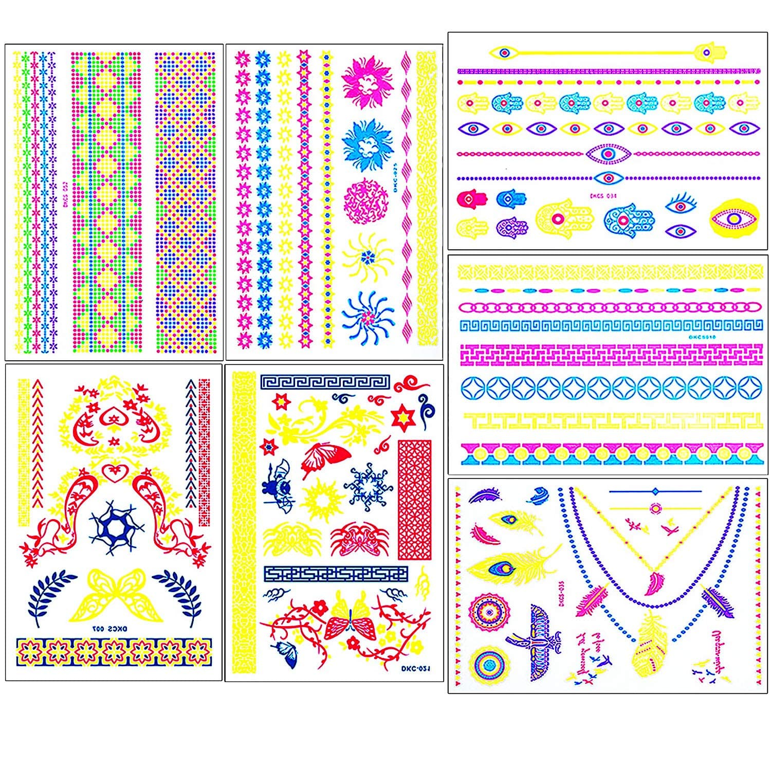 MOOKLIN Temporary Tattoos Kit, 7 sheets Luminous Temporary Tattoos, Glowing under UV Light, for Women Men Children's Birthday Party Bag Filler