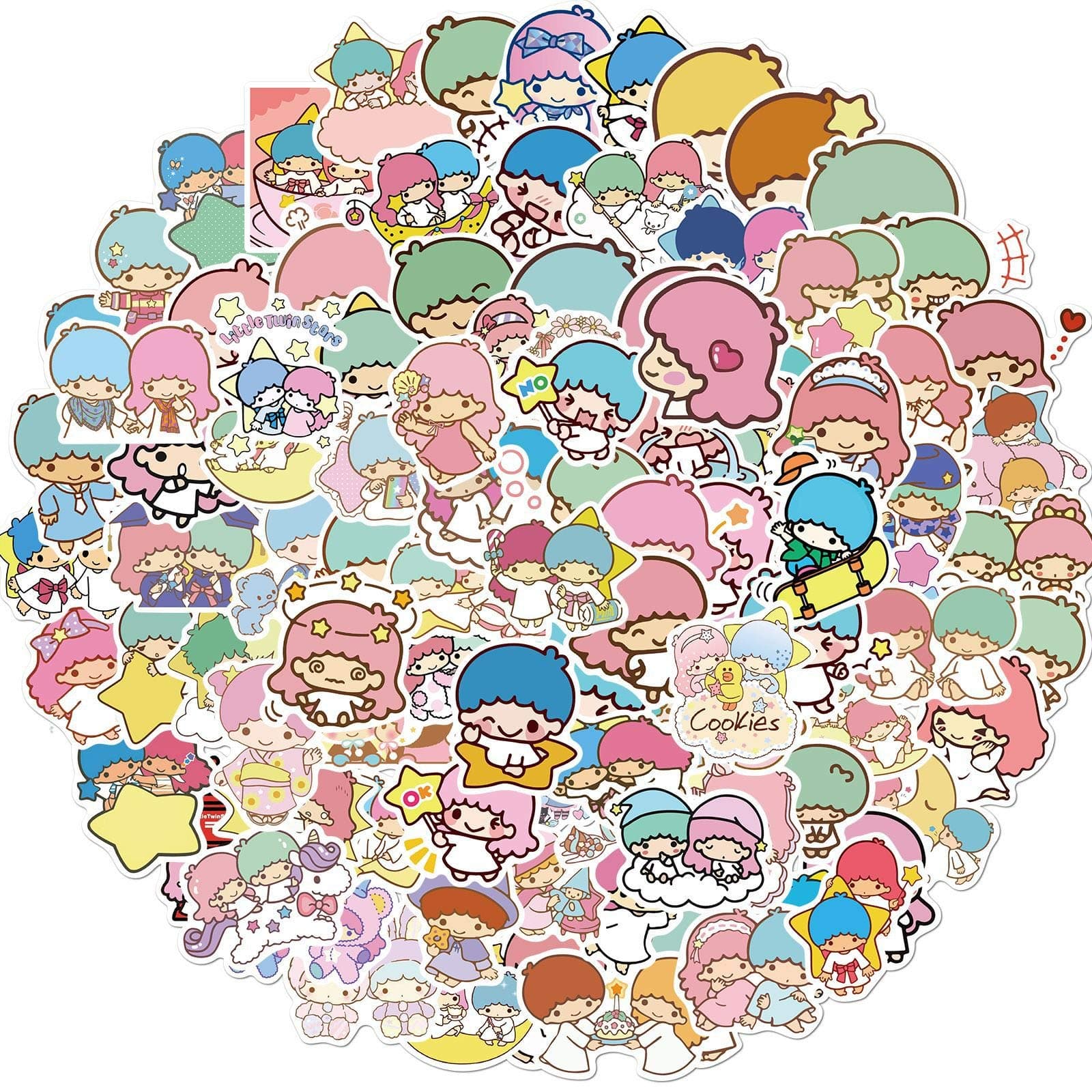 100pcs Cute Cartoon Twin Little Stars Stickers Polyvinyl Waterproof Deals Laptop Waterbottle Notebook Stickers for Kid Teens and Adult