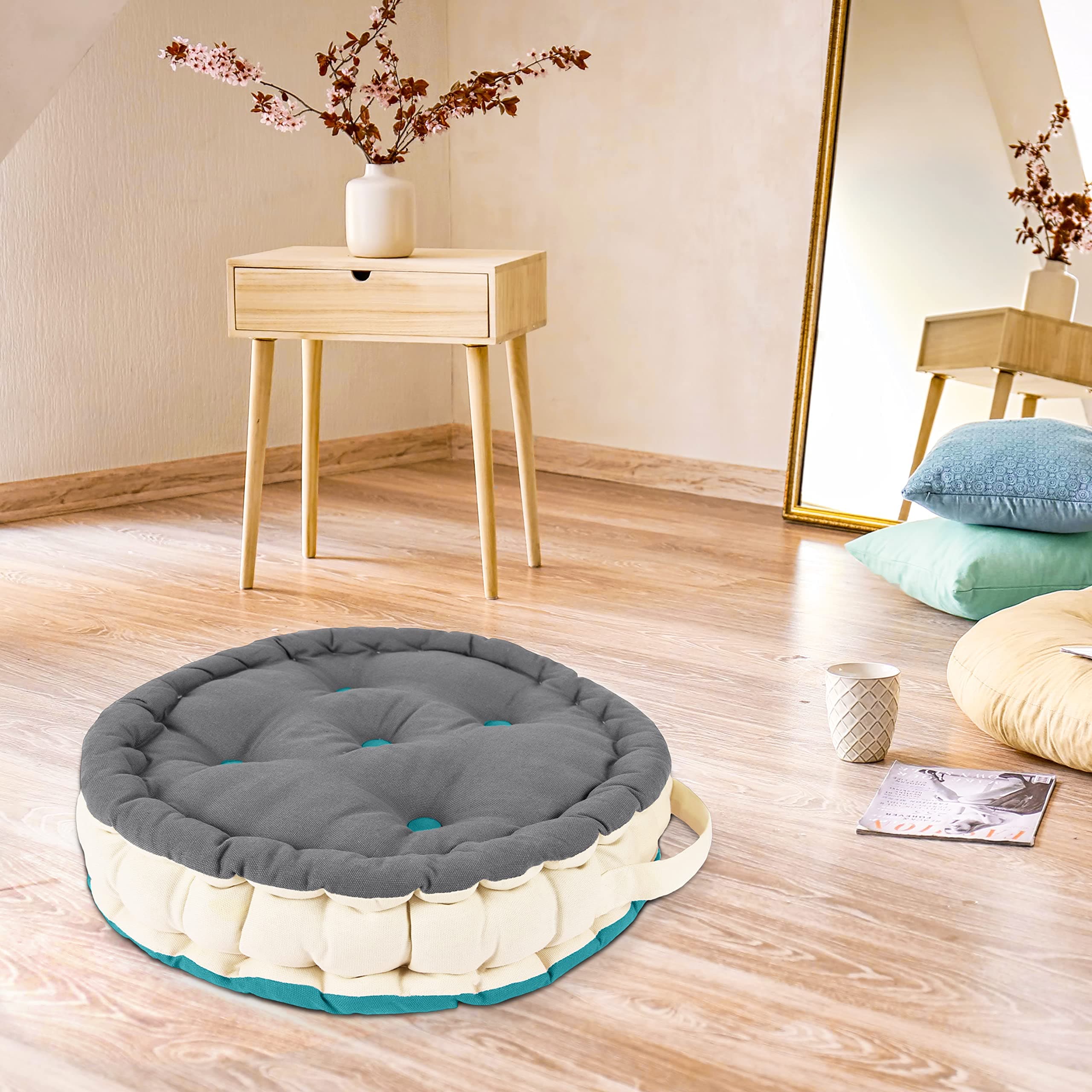 Encasa Homes Round Floor Cushions 40 cm - Azul Blue & Grey (Multicolour) Canvas with Cotton Filler, Large Size for Seating, Meditation, Yoga, Pooja, Guests, Living Room, Bedroom, Kids & Outdoor