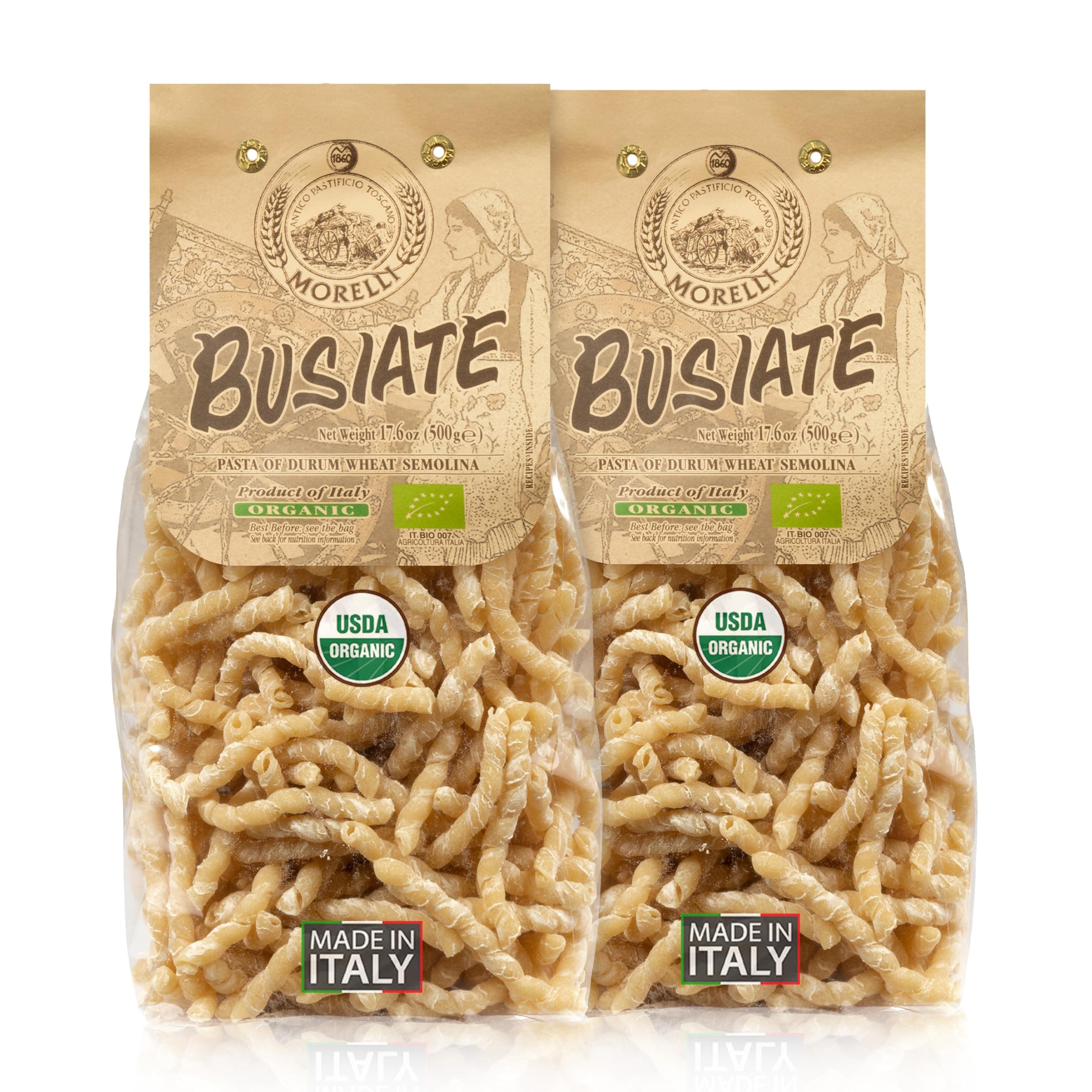 - Morelli Spiral Pasta - Organic Premium Durum Wheat Semolina Italian Pasta from Italy - Protein-Rich, Ancient Grains, All Natural, Gourmet Italian - Busiate (Trofie, Gemelli) 17.6 Oz - Pack of 2