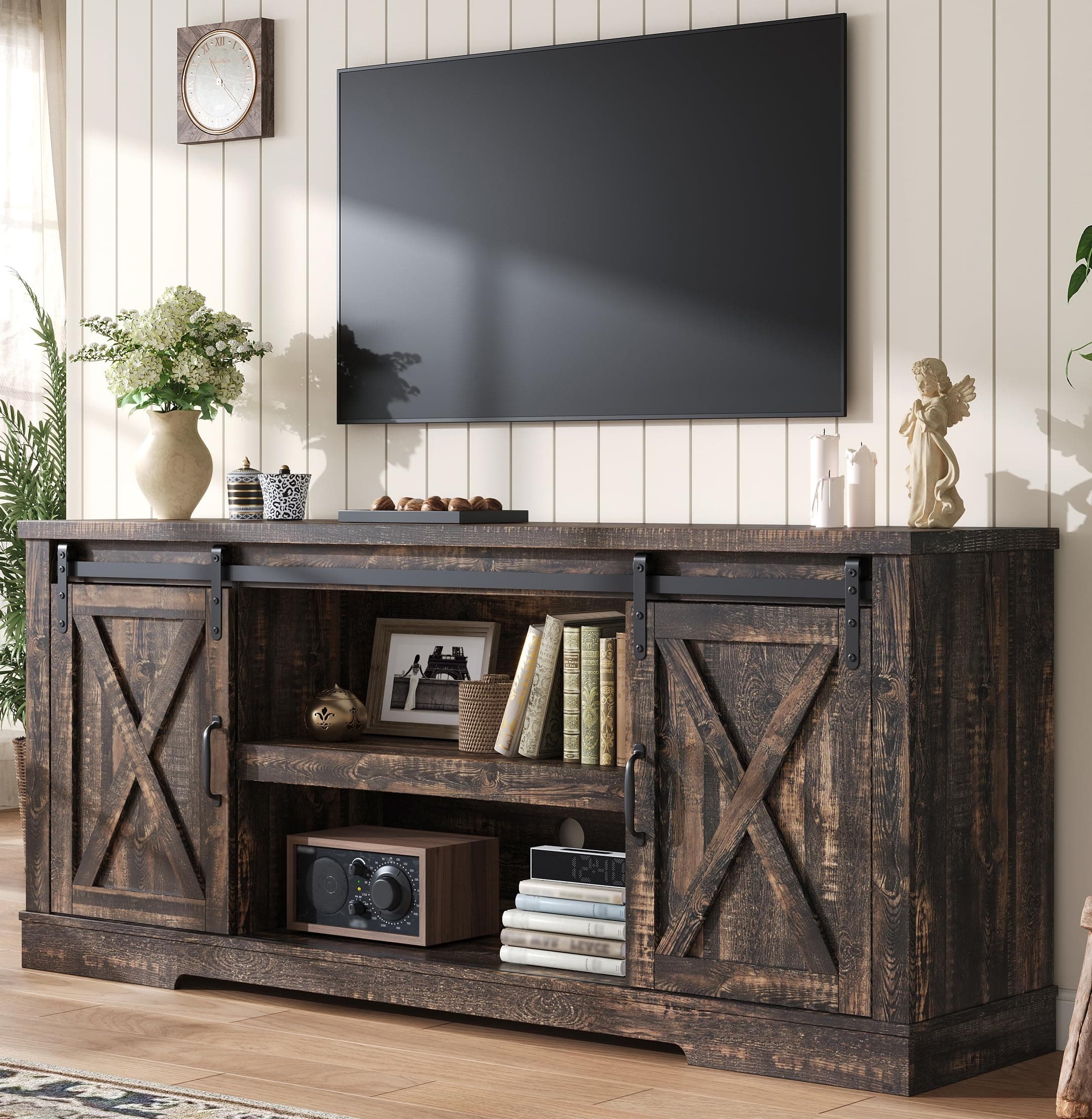 66" Farmhouse TV Stand for 75 Inches TVs, Entertainment Center with Sliding Barn Door and Adjustable Shelf & Feet, Console Table with Storage, Dark Rustic Oak