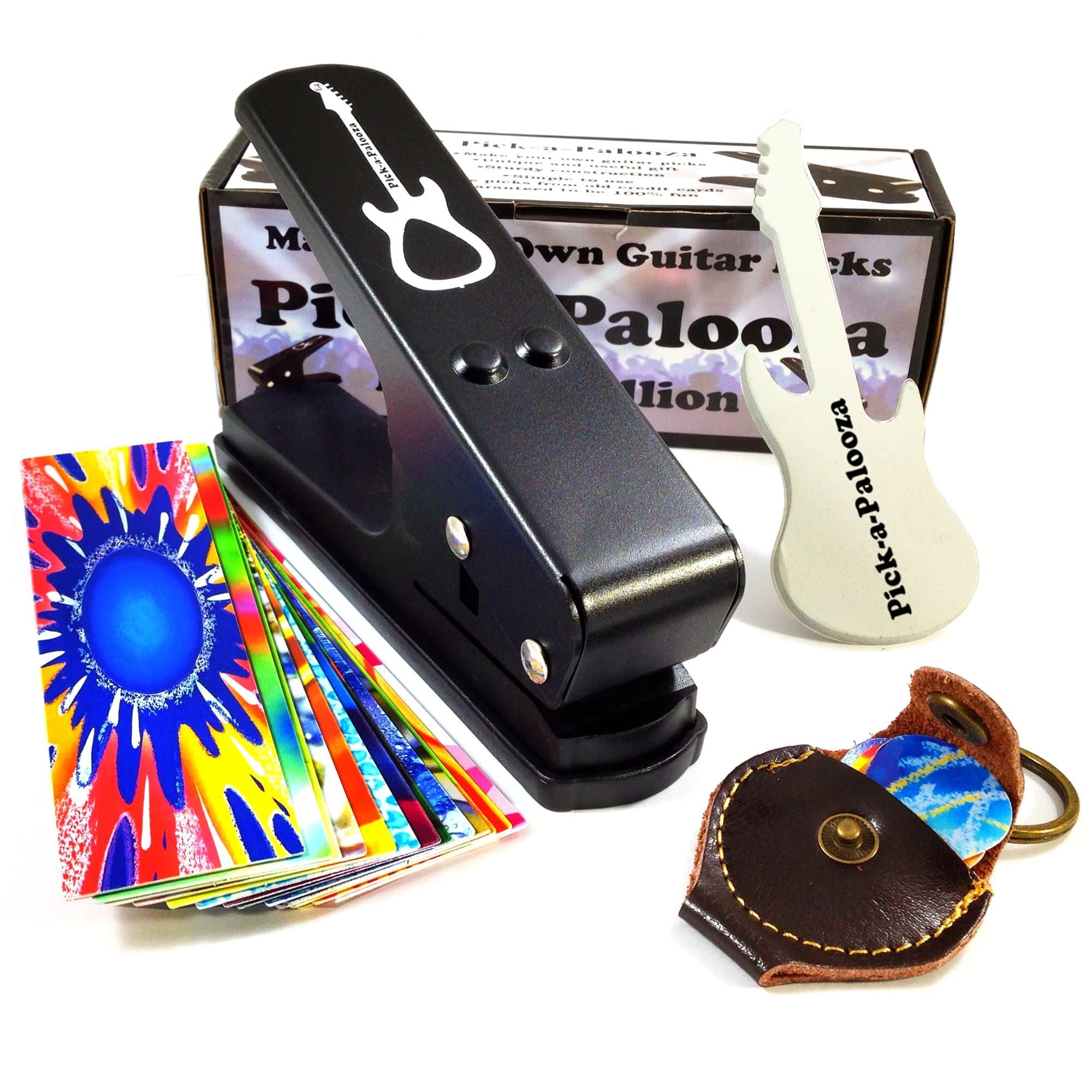 Pick-a-Palooza DIY Guitar Pick Punch Mega Gift Pack - the Premium Pick Maker - Leather Key Chain Pick Holder, 15 Pick Strips and a Guitar File - Black