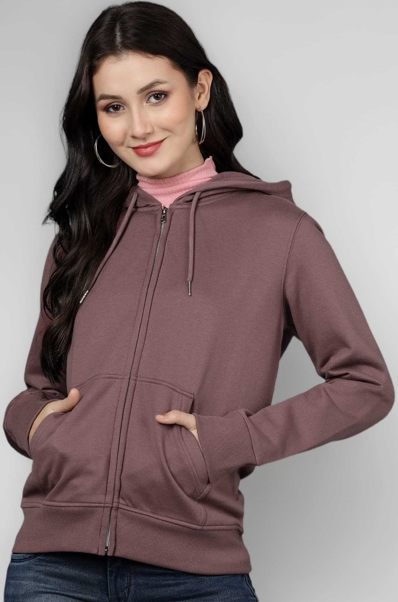 Women's Solid Zipper Hooded Sweatshirt | Front Zip, Ribbed Hem, Lined Hood, Casual Winter Wear