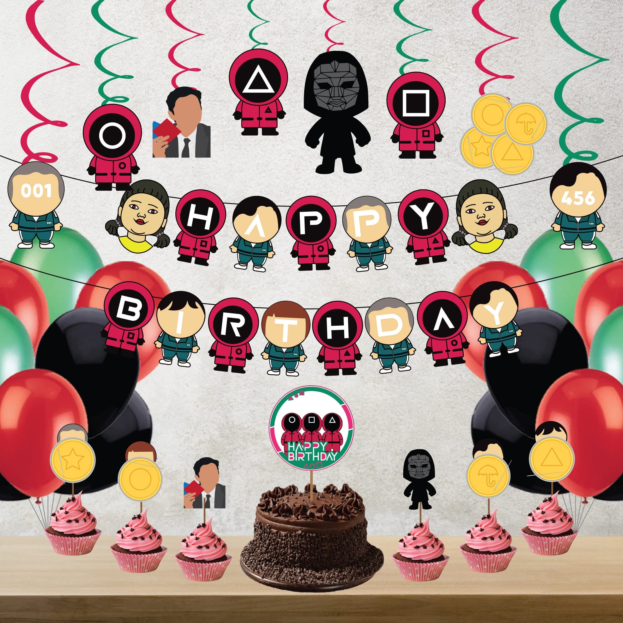 Festiko® Squid Game Cosplay Birthday Party Decorations (36 pcs), Banner, Swirls, Balloons, Cake & Cupcake Toppers for Gift or Occasion