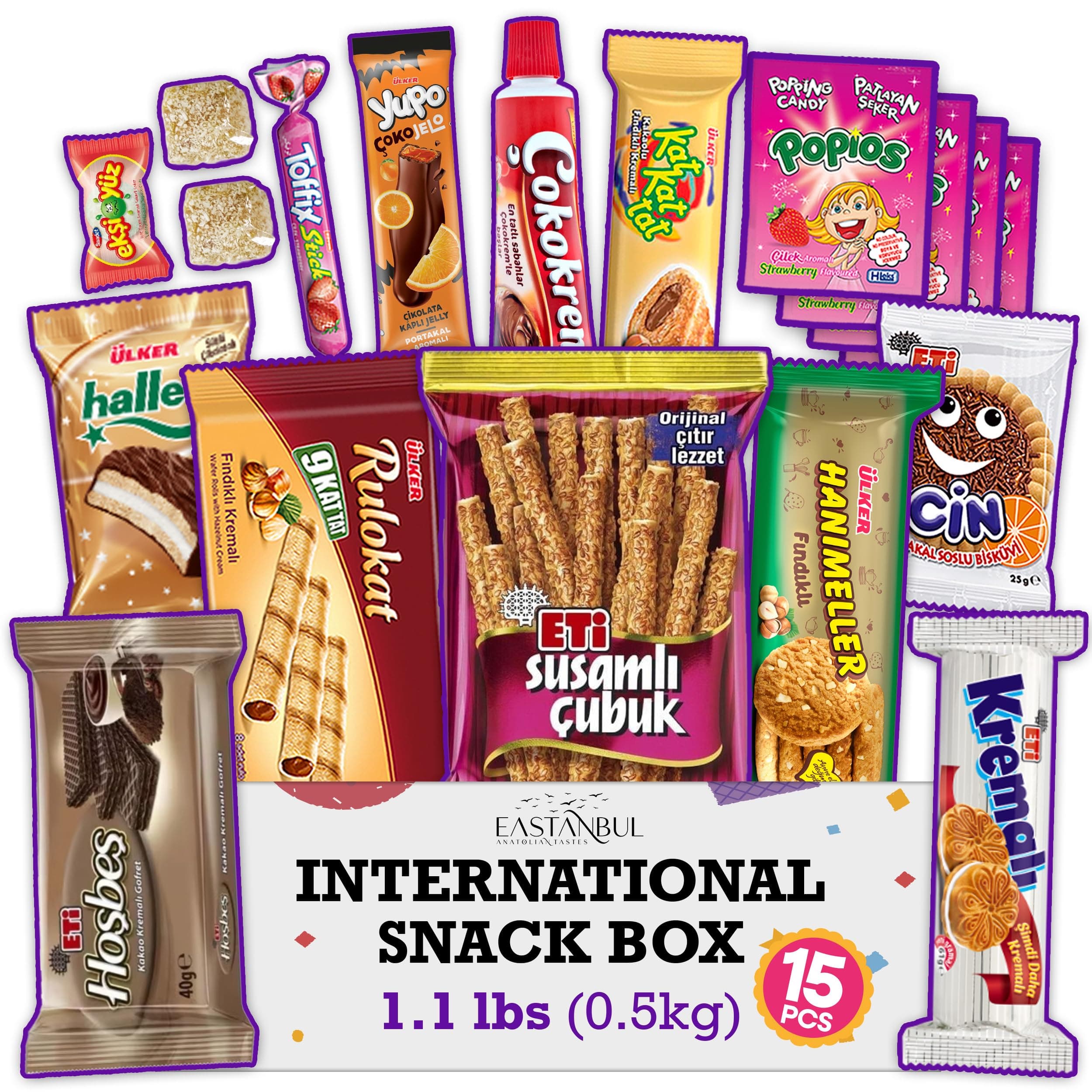 Eastanbul International Snack Box, Premium 15 Full-Size Foreign Snack Box, Exotic Turkish Snacks From Around The World International Snacks, Sweet, Savory, Chewy, Crunchy Snack Box (Mini)