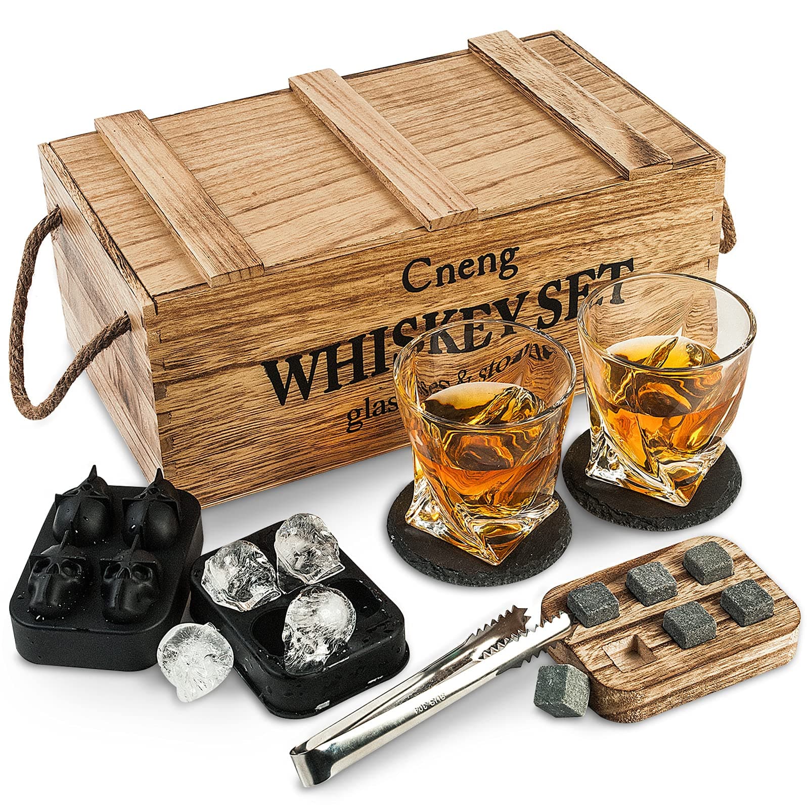 Whiskey Gifts for Men, Whiskey Stones Gift Set,10 OZ Whiskey Glasses Set of 2 + Man Crates, Scotch Bourbon Gifts for Him Husband Dad Birthday/Anniversary/Father's Day