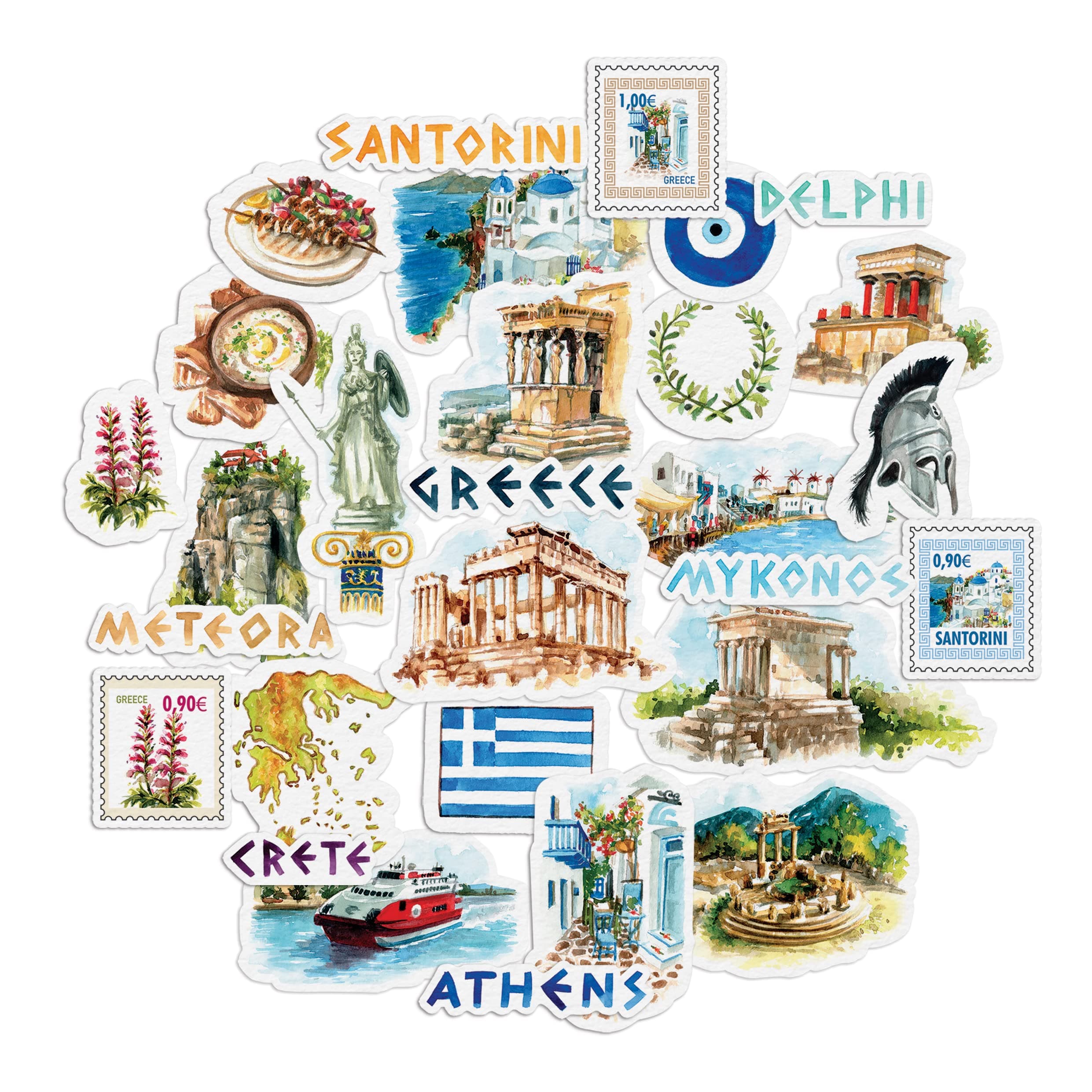 Idyllic Greece Travel Stickers (29 Pieces) - Watercolor, Waterproof, Country Themed | Iconic Vacation Decals for Journals, Scrapbooks, Water Bottles, Suitcase
