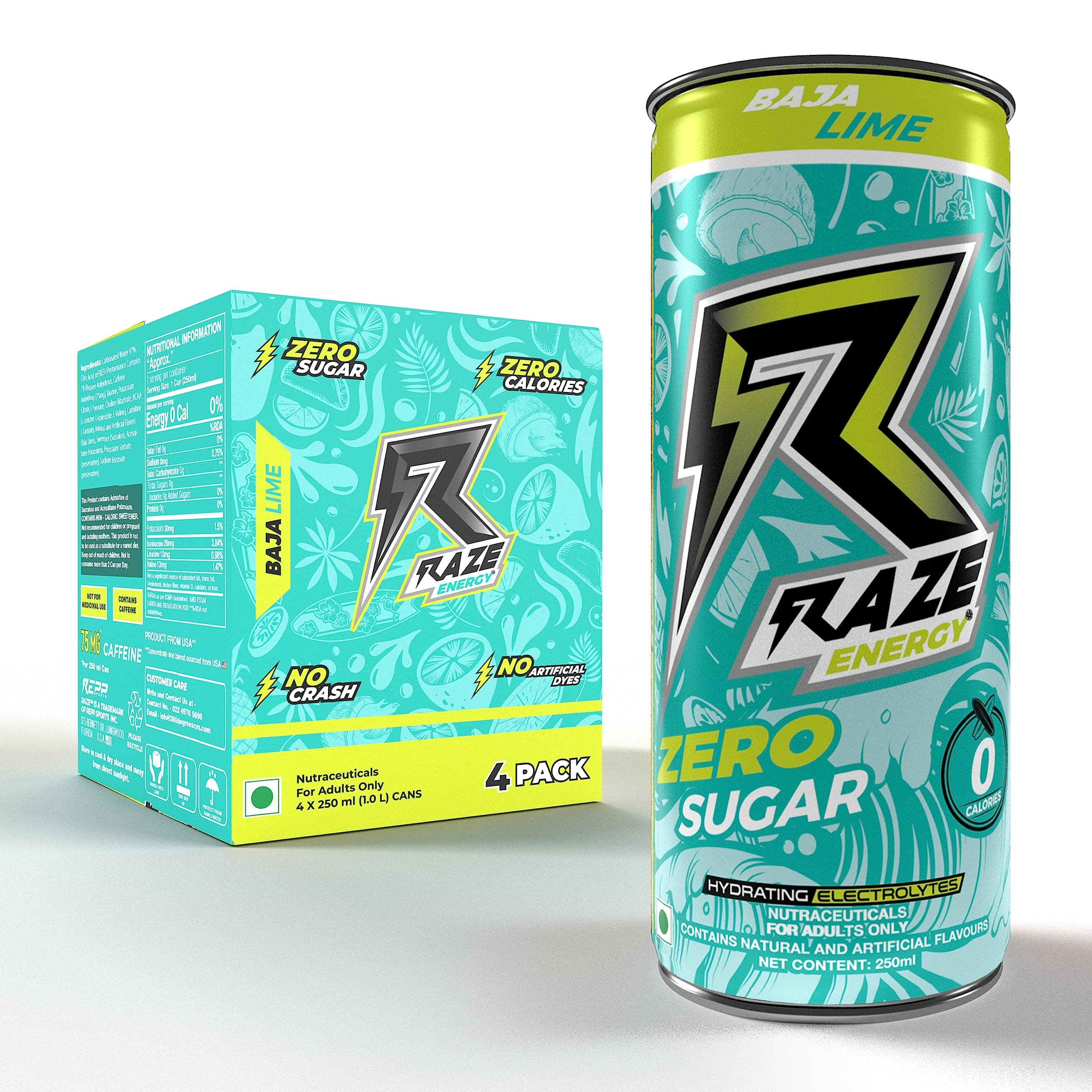 VANREO Raze Energy Functional Energy Drink, 75Mg Caffeine, Zero Calories, Performance And Hydration (Baja Lime) | Pack Of 4, 250 Ml Each
