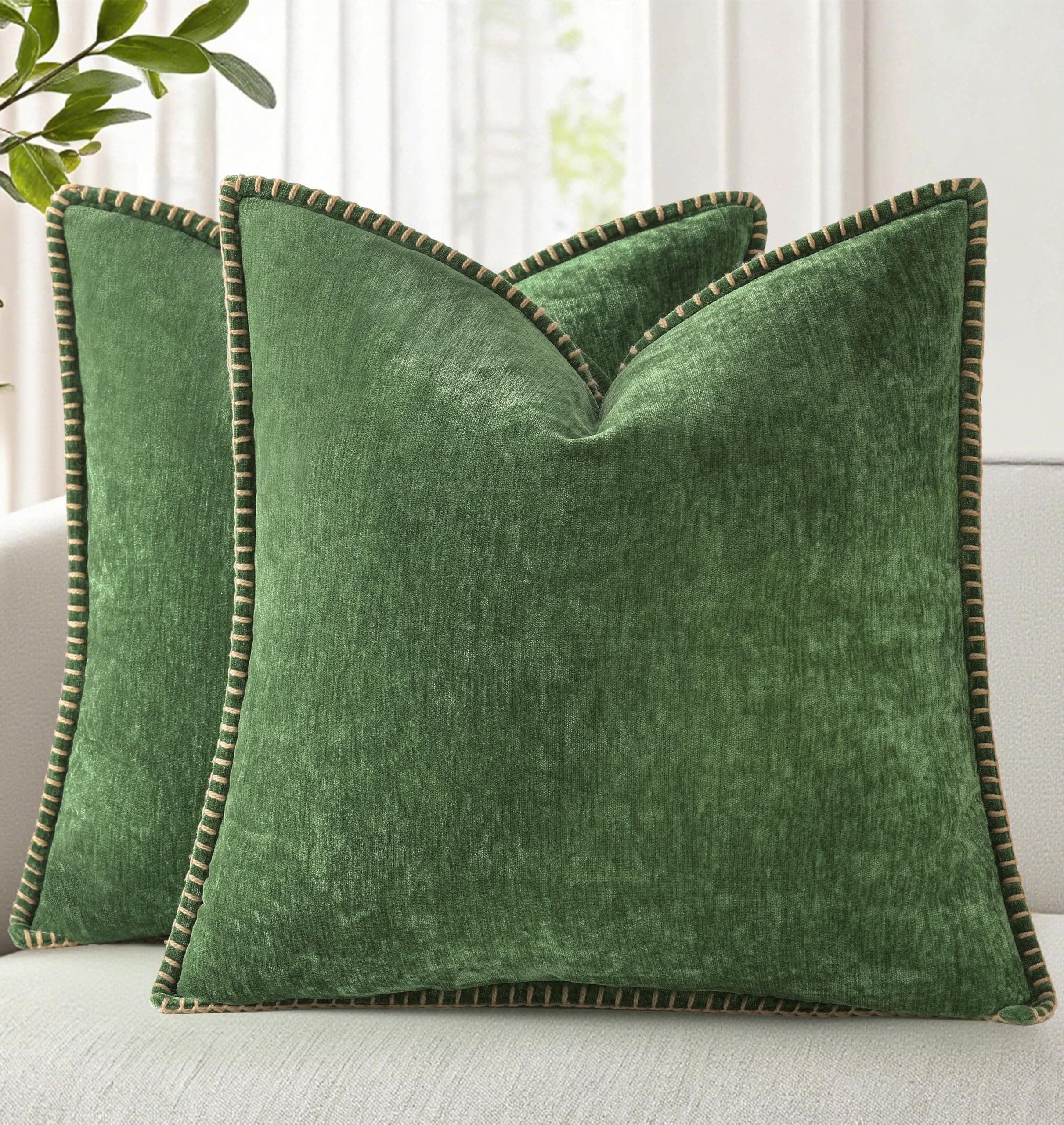 Chenille Soft Cozy Throw Pillow Covers 18x18 Set of 2, Modern Farmhouse Boho Velvet Decorative Pillow Cases with Stitched Edge for Couch Sofa Bed Home Decor, Forest Green