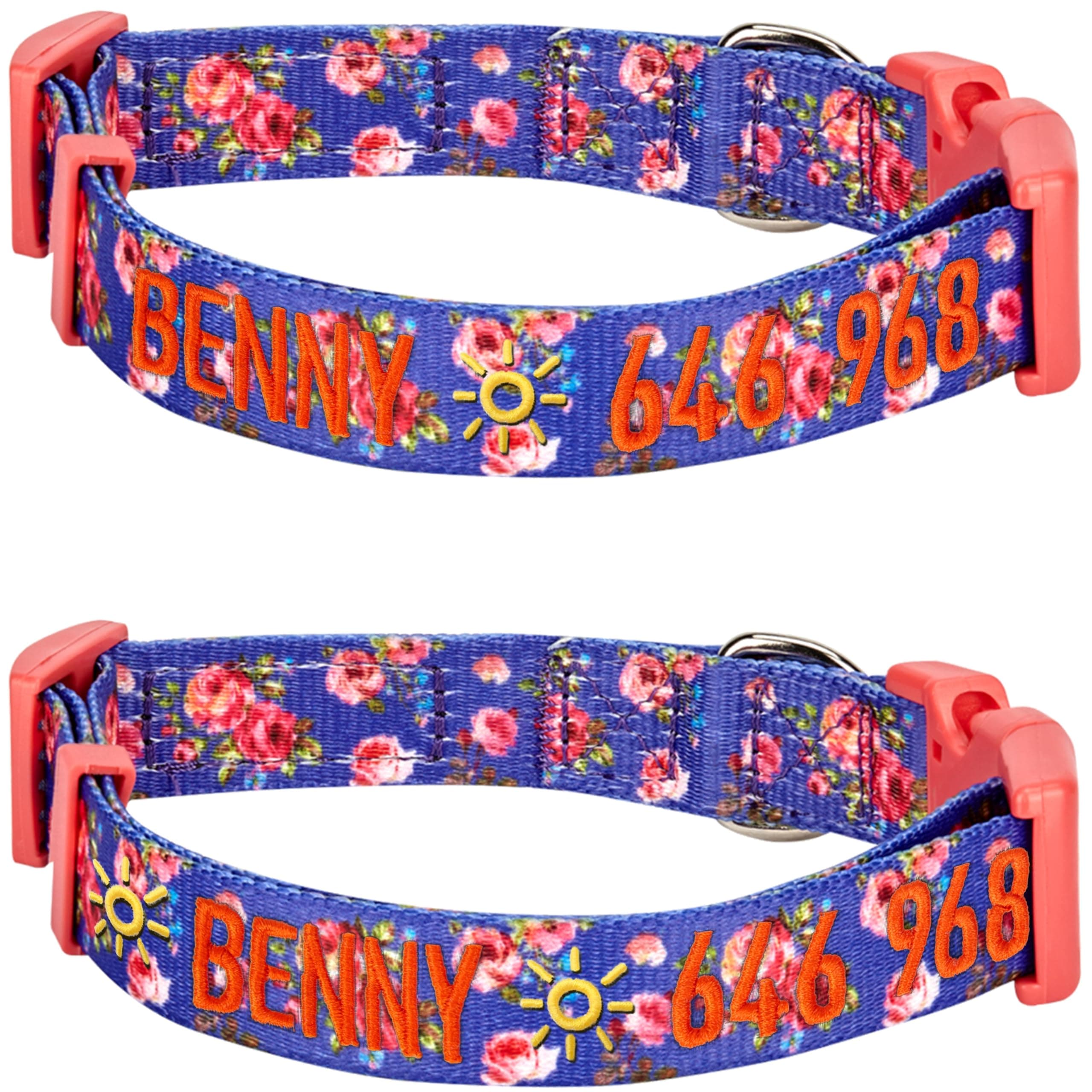 Blueberry Pet 8 Patterns Personalized Customized Adjustable ID Dog Collar, Spring Scent Rose Floral, Irish Blue, Large, Embroidered with Name & Phone Number