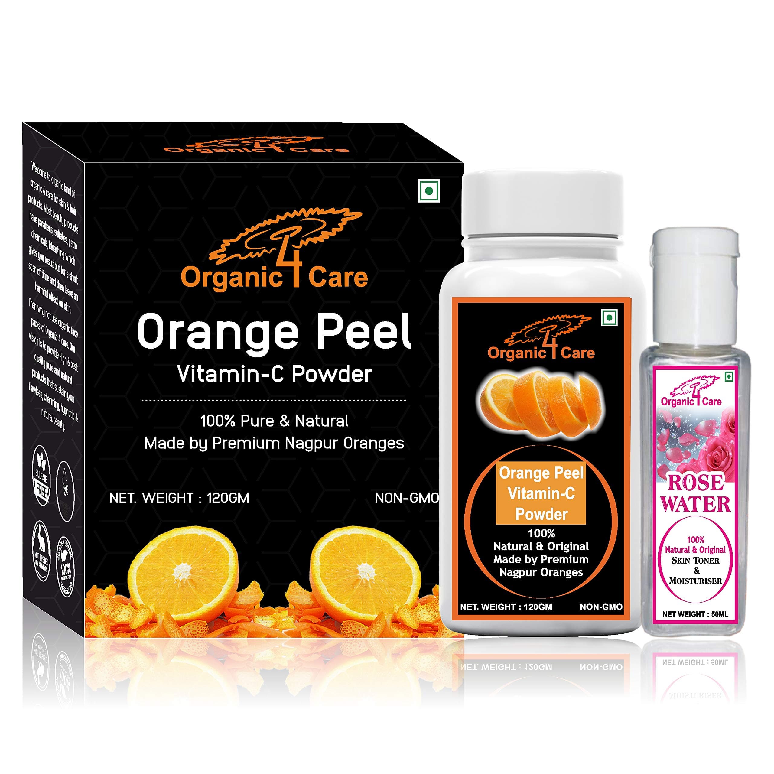 Organic 4 Care orange peel powder for face and skin whitening-120 gm with Rose water-50 ml