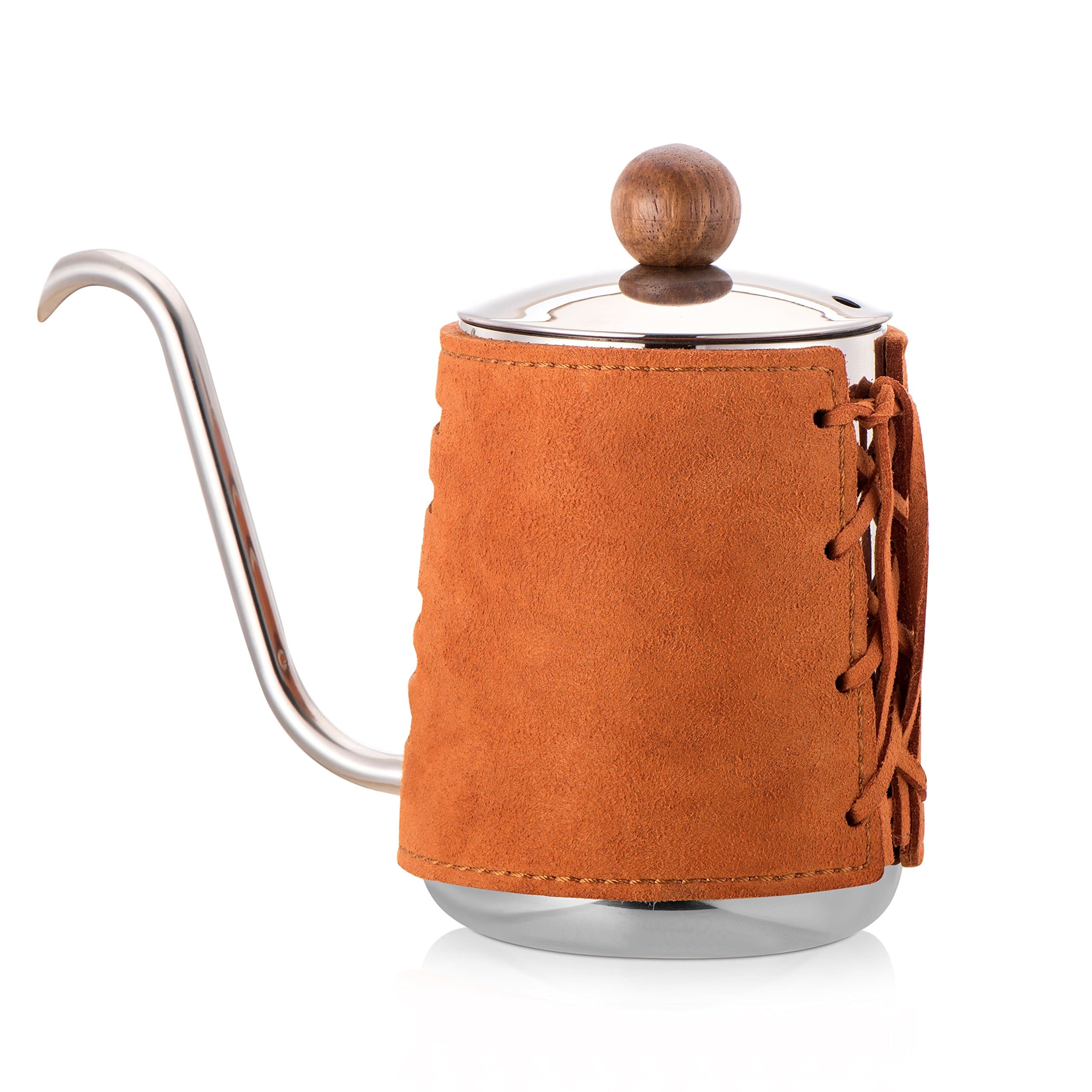 New Favorite of Barista - Diguo Pour Over Coffee Kettle Premium Quality Stainless Steel Hand Drip Kettle with Authentic Leather Wrapped, Gooseneck (500ml, Brown)