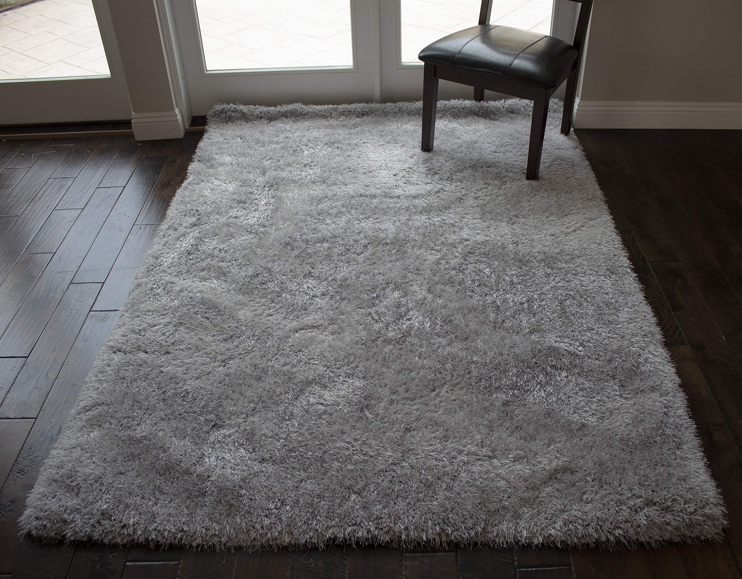 8x10 Feet Large Fluffy Fuzzy Furry Modern Contemporary Silver Light Gray Light Grey Color Solid Area Rug Carpet Rug Bedroom Living Room Indoor Shag Shaggy Canvas Backing Plush Pile