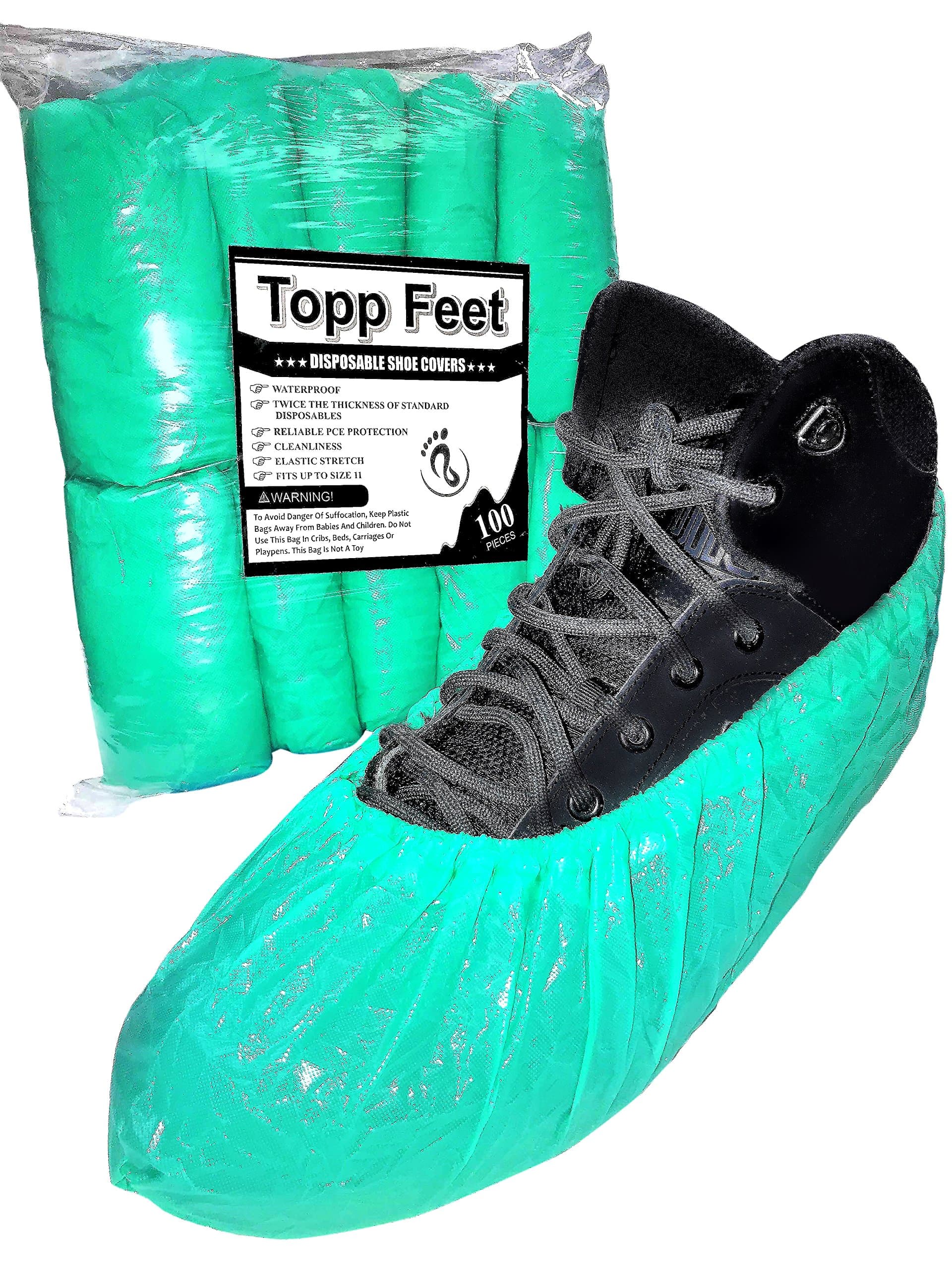 Disposable Shoe Covers By Topp Feet: Extra Thick Waterproof CPE Slip-On To Protect Feet, Shoes And Boots From Rain, Snow And Mud, Non-Slip One Size Fits All With Hand Sewn Elastic Stretch, Pack Of 100